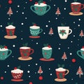 Seamless pattern with cups of hot coffee and christmas tree. Vector illustration Royalty Free Stock Photo