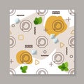 Seamless pattern with cups on saucers, coffee beans, mint and ice. Geometric design in Memphis style. Template for