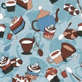 Seamless pattern of cups, spoons, teapots and cupcakes on a blue background. Vector endless illustration of kitchen items and Royalty Free Stock Photo