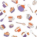 Seamless pattern of cups, spoons, teapots and cupcakes on a white background. Vector endless illustration of kitchen items and Royalty Free Stock Photo