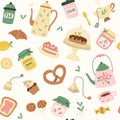 Seamless pattern with cups and sweeties; teapots. Vector illustration