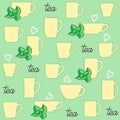 Seamless pattern. Cups of tea with hearts and mint. Print for kitchen textile Royalty Free Stock Photo