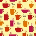 Seamless pattern. Cups of tea with hearts. Print for kitchen textile Royalty Free Stock Photo