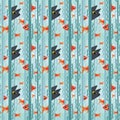 Seamless pattern. Curious kitty watching aquarium fish swimming among seaweed. Vector illustration of kitty hunting fish