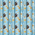 Seamless pattern. Curious kitty watching aquarium fish swimming among seaweed. Vector illustration of kitty hunting fish