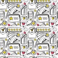 Seamless pattern customer feedback, positive review. High rating in application. Hand drawn doodle background. Online service