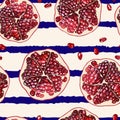 Seamless pattern with cut pomegranate. Halves of juicy fruit with grains. Vector illustration Royalty Free Stock Photo