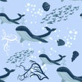 Seamless Pattern cute adorable beach funny theme, ocean blue whale,jelly fish, sea anchor, seaweed, wave, pastel colorful Royalty Free Stock Photo