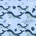 Seamless Pattern cute adorable beach funny theme, ocean blue whale,jelly fish, sea anchor, seaweed, wave, pastel colorful Royalty Free Stock Photo