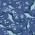 Seamless Pattern cute adorable beach funny theme, ocean blue whale,jelly fish, sea anchor, seaweed, wave, pastel colorful Royalty Free Stock Photo