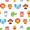 Seamless pattern with cute african animal characters. Funny kawaii lion, tiger, giraffe, elephant and crocodile Royalty Free Stock Photo