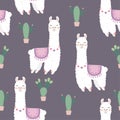 Seamless pattern with cute Alpacas and Cactus