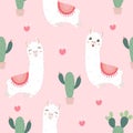 Seamless pattern with cute Alpacas and Cactus