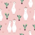 Seamless pattern with cute Alpacas and Cactus