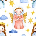 seamless pattern with cute angels, Christmas illustration for children. watercolor drawing Royalty Free Stock Photo