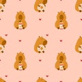 Seamless pattern. Cute animal capybara with donut and coffee on pink background with hearts. Vector illustration for Royalty Free Stock Photo