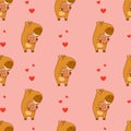 Seamless pattern. Cute animal capybara with donut on pink background with hearts. Vector illustration for festive design Royalty Free Stock Photo
