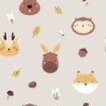 Seamless pattern with cute animal faces - beaver, owl, deer, moose fox and autumn elements mushrooms, nuts, leaves