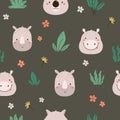 Seamless pattern with cute animal faces of hippo, rhino and koalas