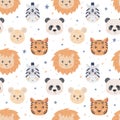 Seamless pattern with cute animal faces. The muzzle of a lion, tiger, zebra, mouse, panda on a white background. Vector