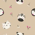 Seamless pattern with cute animal faces of zebra, panda, penguin and cats