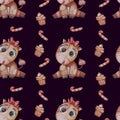 Seamless pattern of cute animal. A little girl cow with a red bow sits and licks her lips on a dark purple background with sweets Royalty Free Stock Photo