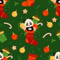 Seamless pattern with cute animal panda in Christmas sock with gift, gingerbread and Christmas balls on green background