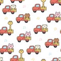 Seamless pattern of cute animal sit on truck with music note on white background