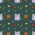 Seamless pattern with cute animals, bear, colorful kids background. Textured illustration, hand drawn.
