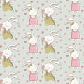 Seamless pattern with cute animals. Children`s cartoon background with bunnies. cartoon Bunny boy gives heart to girl. A happy Royalty Free Stock Photo