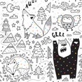 Seamless pattern of cute animals - fox, bear, owl, wolf and graphic elements in geometric style. Great for fabric Royalty Free Stock Photo