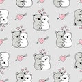 Seamless pattern with cute animals, hearts and love doodles