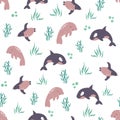 Seamless pattern with cute animals orca, penguin and manatee. Vector illustration. Royalty Free Stock Photo