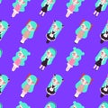 Seamless pattern with cute anime fashion girls on violet background Royalty Free Stock Photo