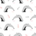 Seamless pattern with cute ant-eater and ants. Baby print
