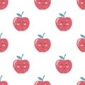 Seamless pattern with cute apple kawaii fruit with happy face in flat style. Hand drawn vector illustration of children Royalty Free Stock Photo