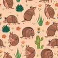 Seamless pattern with cute armadillos in the desert. Vector graphics Royalty Free Stock Photo