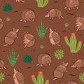 Seamless pattern with cute armadillos in the desert. Vector graphics