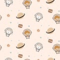 Seamless pattern with cute astronauts and cartoon planet stars comets.