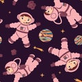 Seamless pattern with cute astronauts, shooting stars, planets and meteorites in zero gravity in cartoon style