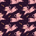 Seamless pattern with cute astronauts and shooting stars in zero gravity.