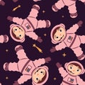 Seamless pattern with cute astronauts and shooting stars in zero gravity in cartoon style