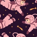 Seamless pattern with cute astronauts and shooting stars in zero gravity in cartoon style