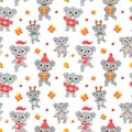 Seamless pattern of cute Australian koalas wombats with big eyes in a deer costume with a lollipop, in a red sweater Royalty Free Stock Photo