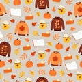 Seamless pattern with cute autumn elements. Colorful objects on grey background. Cartoon flat style Royalty Free Stock Photo