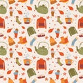 Seamless pattern with cute autumn illustration, stickers with homely cute things