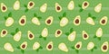 Seamless pattern with cute avocado characters and leaves on a green striped background Royalty Free Stock Photo