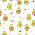 Seamless pattern with cute avocados and hearts and with wings.