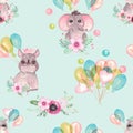Seamless pattern of cute baby animals with balloons flowers on a blue background Children`s print elephant, Rhino, Hippo birthday