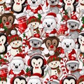 Seamless pattern with cute baby animals on Christmas wear. Vector.